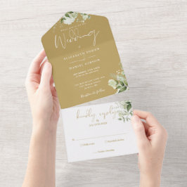 Casamento Floral Monograma Script Dourado Verde