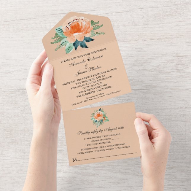 Casamento Floral Peach Watercolor (Aba destacável)