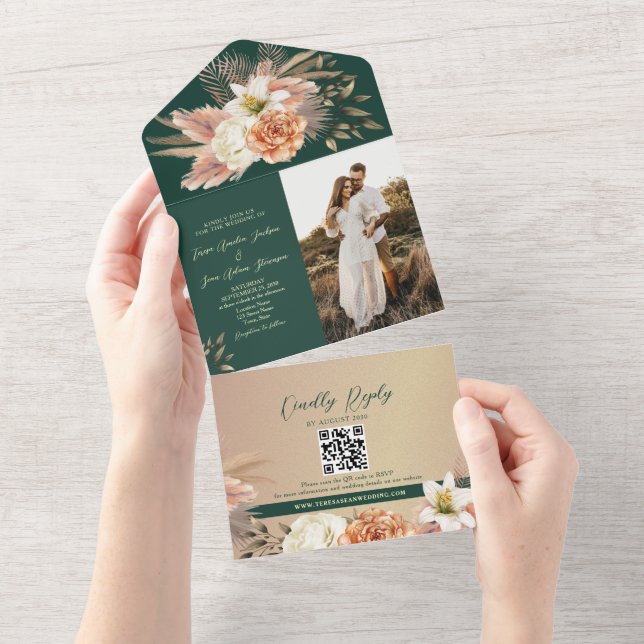 Casamento Floral Pêssego Esmeralda Verde (Aba destacável)