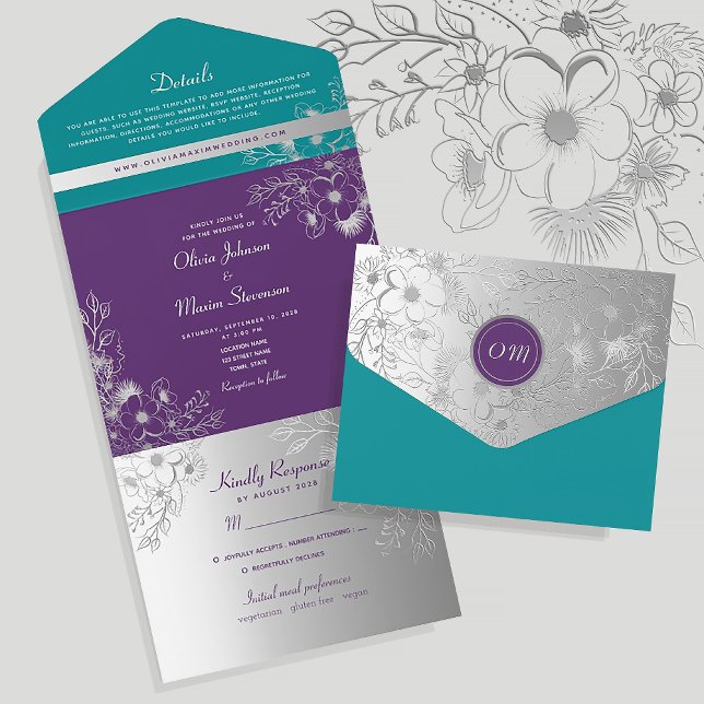 Casamento Floral Prateado Turquesa Violeta (Criador carregado)