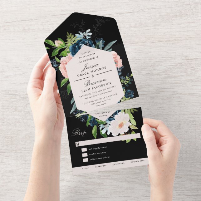 Casamento Floral Preto com Azul Naval e Beijo Rosa (Aba destacável)
