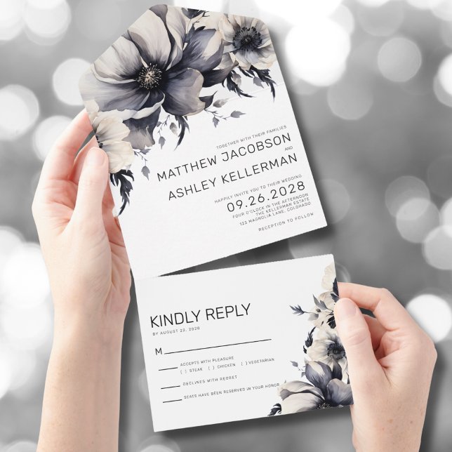 Casamento Floral Preto e Branco Elegante (Modern Elegant Trendy Floral Black White Wedding All in One Invitation )