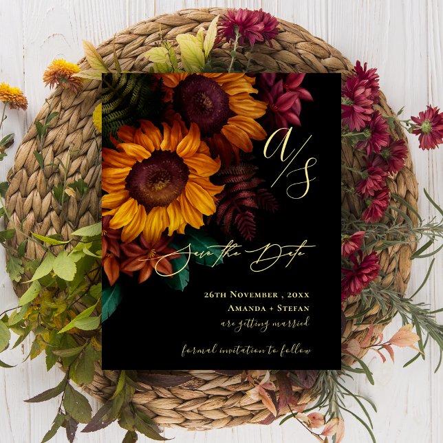 Casamento Floral Preto e Dourado Salve a Data (Black & Gold Fall Floral Wedding Save the Date)