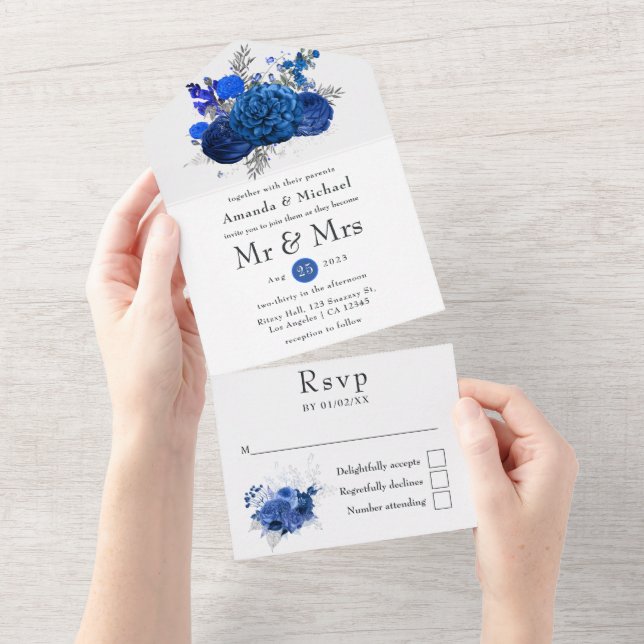Casamento Floral Real Azul e Prata (Aba destacável)