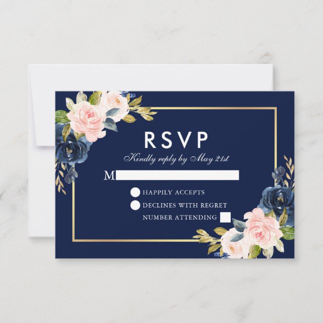 Casamento Floral Rosa Blush RSVP Azul Dourado (Frente)