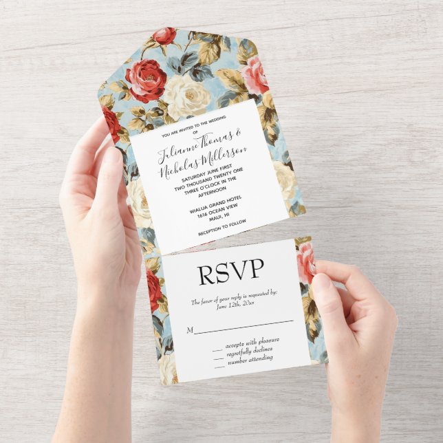 Casamento Floral Rosa de Creme Vermelho Azul (Aba destacável)