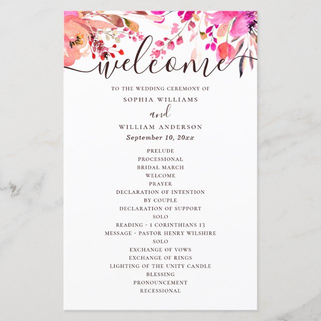 Casamento floral rosa em aquarela. Programa de out (Frente)
