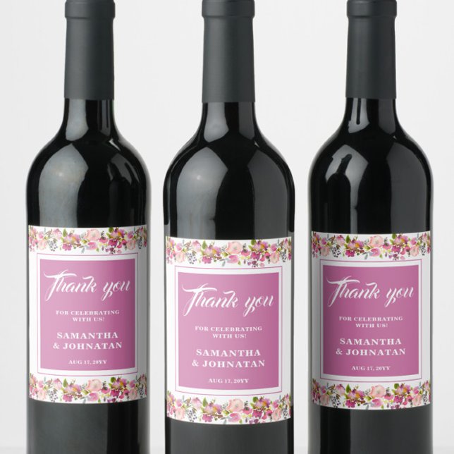 Casamento Floral Rosa Favorece Rótulo De Vinho (Criador carregado)