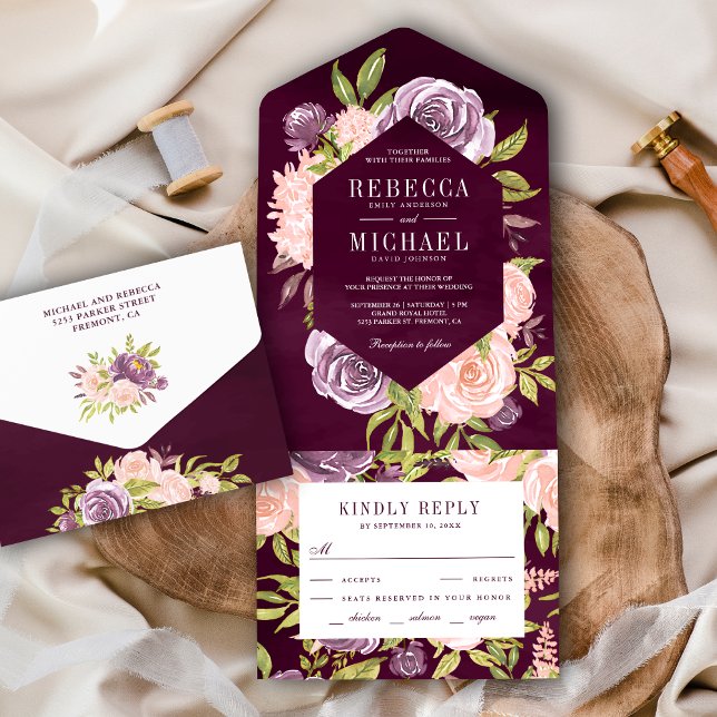Casamento Floral Roxo e Rosa Bege Rústico (Criador carregado)