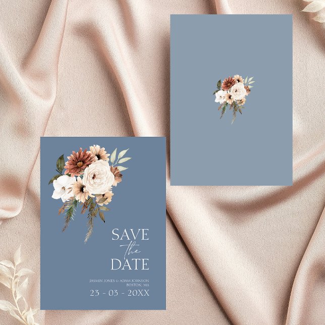 Casamento Floral Rustic Blue Peach Salvar a Data (Elegant Dusty Blue Floral Wedding Save the Date)