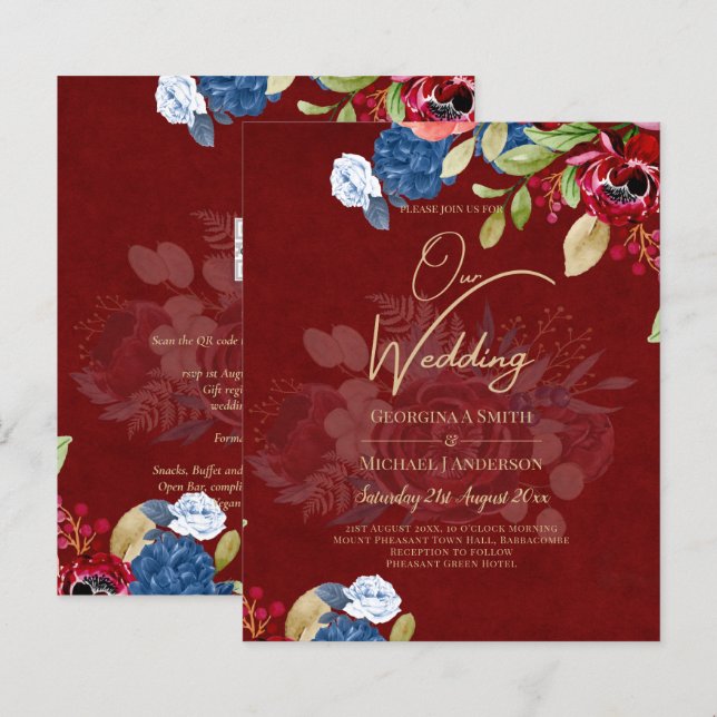 Casamento Floral Rustic Burgundy Blue (Frente/Verso)