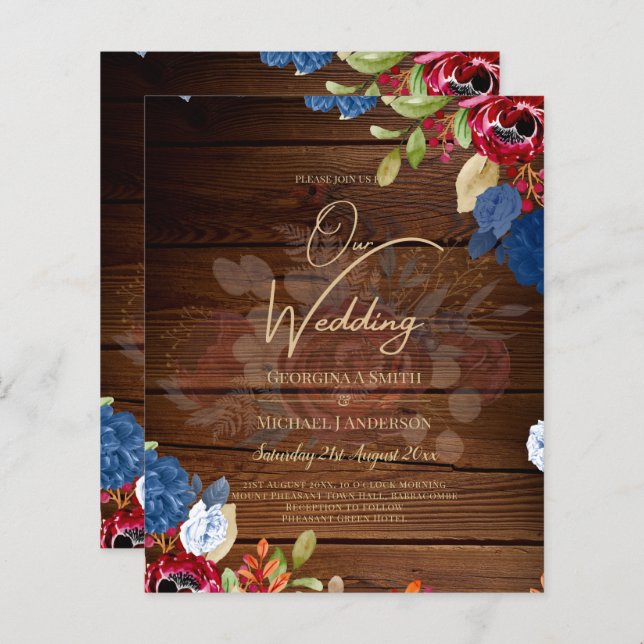 Casamento Floral Rustic Burgundy Blue (Frente/Verso)