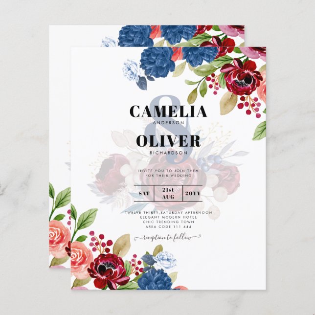 Casamento Floral Rustic Burgundy Blue (Frente/Verso)