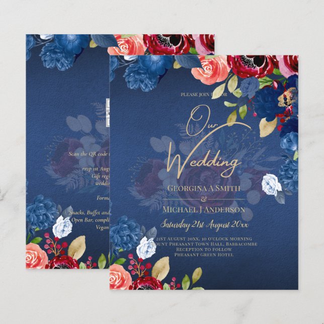 Casamento Floral Rustic Burgundy Blue (Frente/Verso)