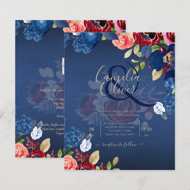 Casamento Floral Rustic Burgundy Blue (Frente/Verso)