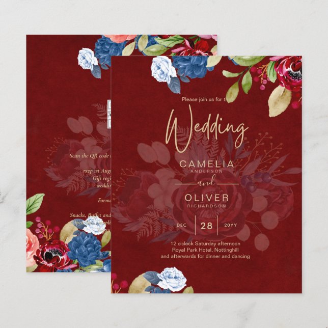 Casamento Floral Rustic Burgundy Blue (Frente/Verso)