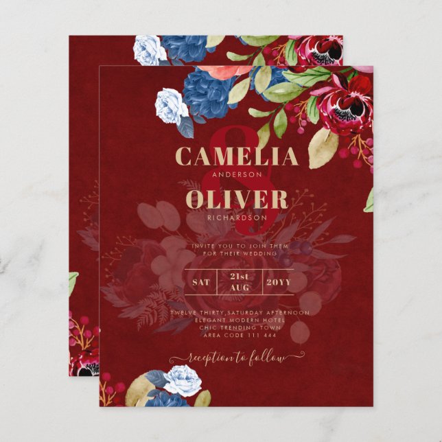 Casamento Floral Rustic Burgundy Blue (Frente/Verso)