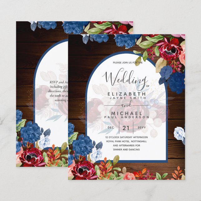 Casamento Floral Rustic Burgundy Blue (Frente/Verso)