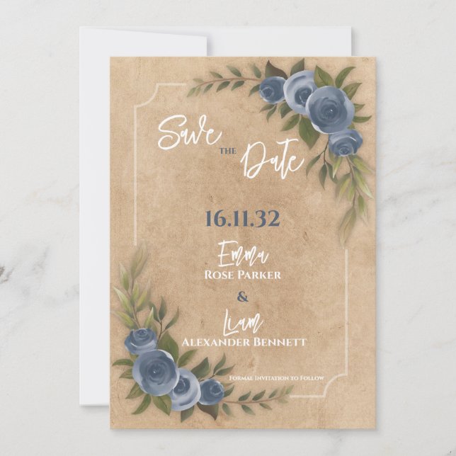 Casamento Floral Rustic Kraft Blue Salva a Data (Frente)
