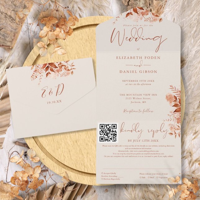 Casamento Floral Rústico de Outono com Código QR (Autumn Fall Rustic Floral QR Code Wedding All In One Invitation)