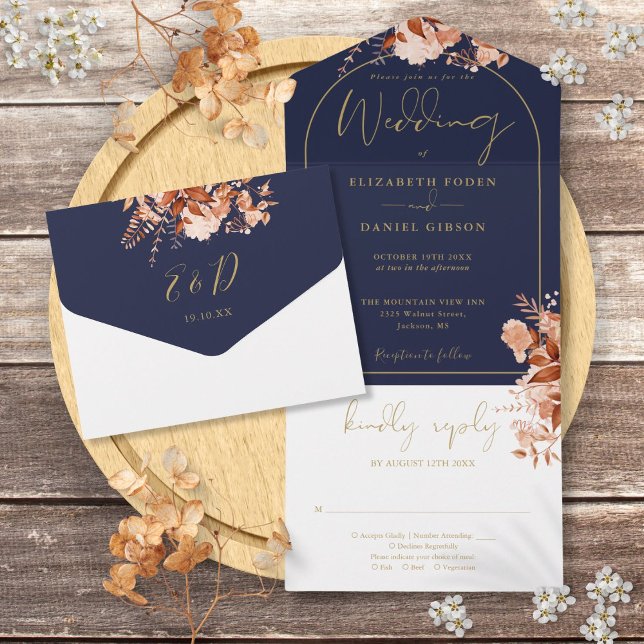 Casamento Floral Rústico de Outono em Azul Naval e (Navy Blue And Gold Arch Rustic Floral Fall Wedding All In One Invitation)