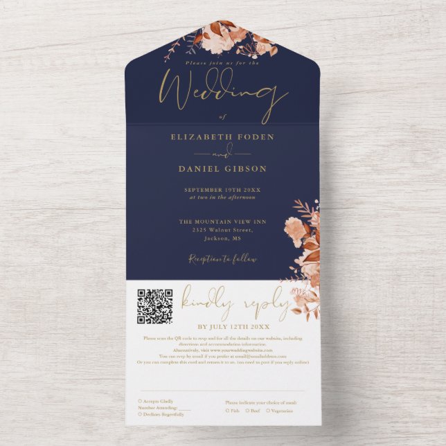 Casamento Floral Rústico em Azul Marinho e Dourado (Interno)