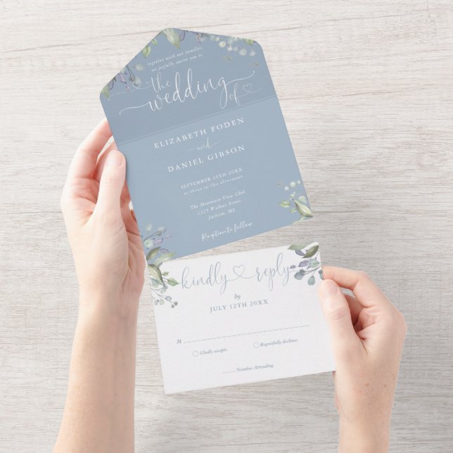 Casamento Floral Verde Script Corações Azul Poeira (Aba destacável)