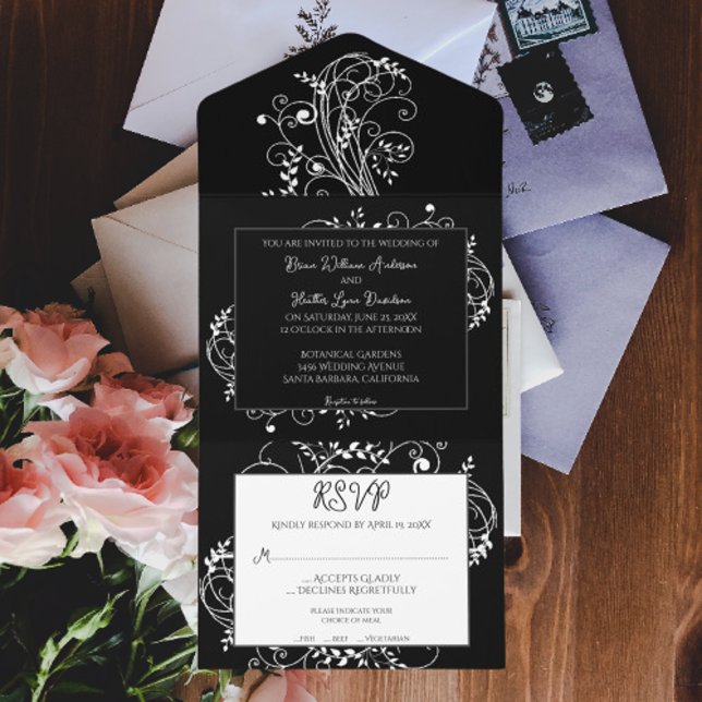 Casamento Floreado Negro Em Um Único Convite (Black Flourish All in One Wedding Invite)