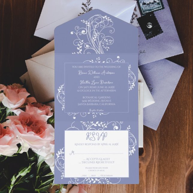 Casamento Flourish De Periwinkle Tudo Em Um Convit (Periwinkle Flourish All in One Wedding Invite)