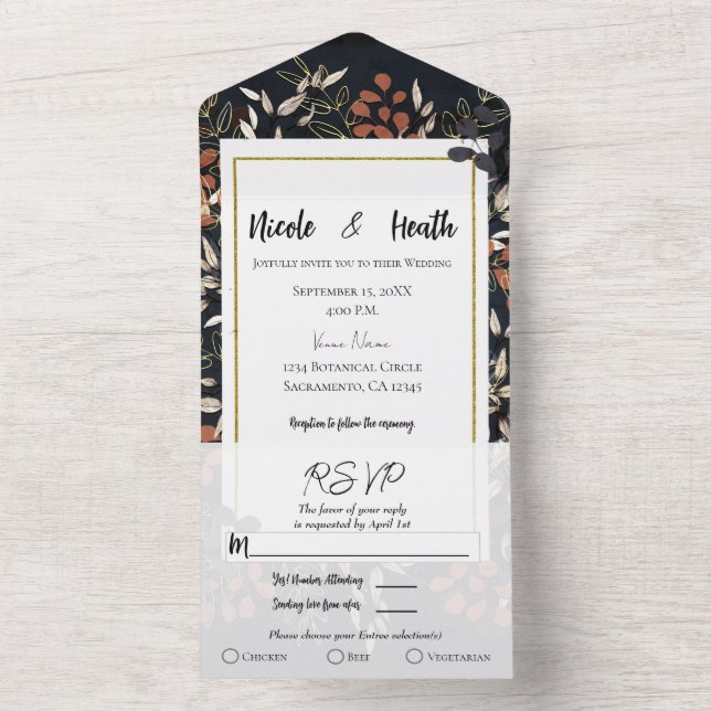 Casamento Folhas Botânicas Ousado Dourado Azul Tem (Interno)