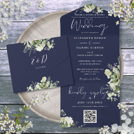 Casamento Formal Código QR Floral Azul Marinho