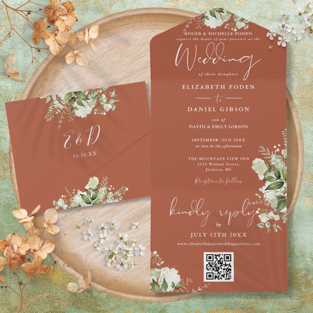 Casamento Formal Código QR Floral Terracota (Terracotta Floral QR Code Formal Wedding All In One Invitation)