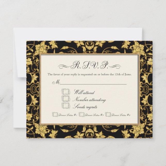 Casamento Formal de RSVP Dourado de Damasco Floral (Frente)