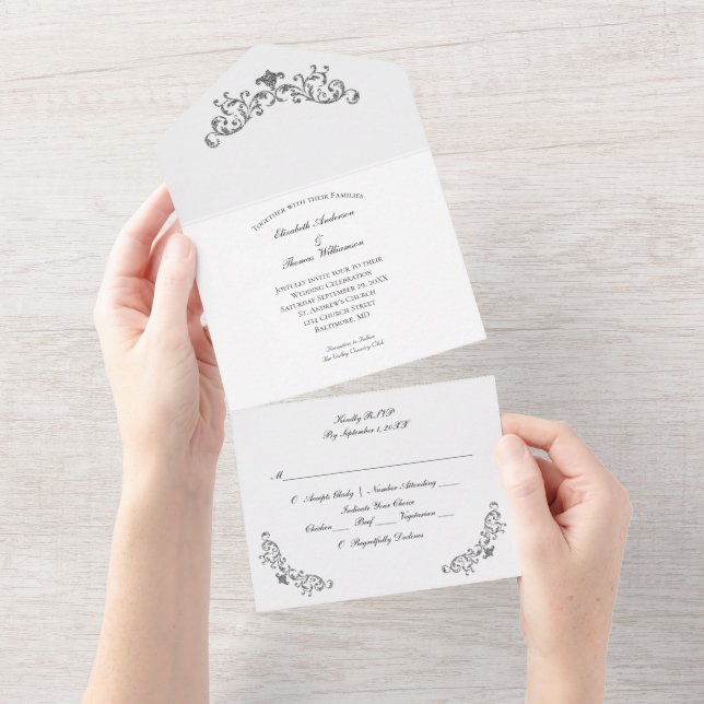 Casamento Formal Rebuscado Preto Prata Branco Flou (Aba destacável)