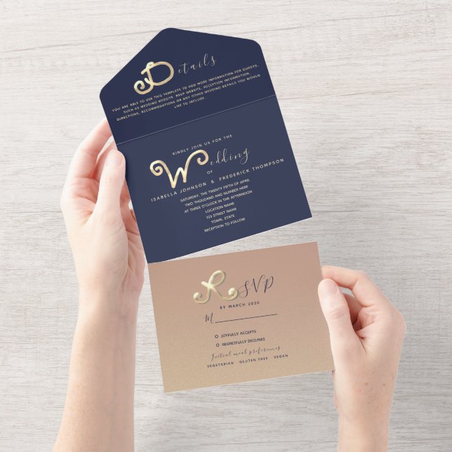 Casamento Fotográfico com Letra Dourada Azul-Marin (Aba destacável)