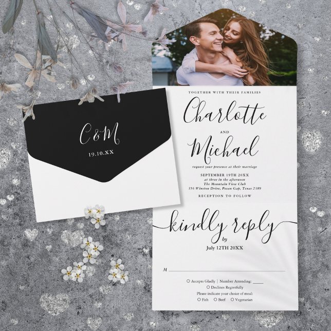 Casamento Fotográfico com Letra Elegante Preto e B (Elegant Black And White Script Photo Wedding All In One Invitation)