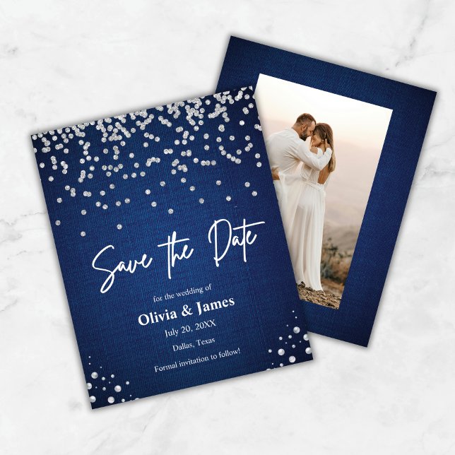 Casamento Fotográfico de Denim e Ouros Salve o Car (Budget Modern Elegant Denim and Diamonds Photo Wedding Save The Date Card )