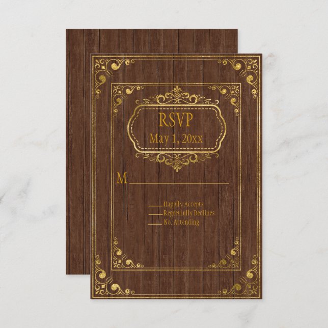 Casamento Gay RSVP em madeira marrom e dourado (Frente/Verso)