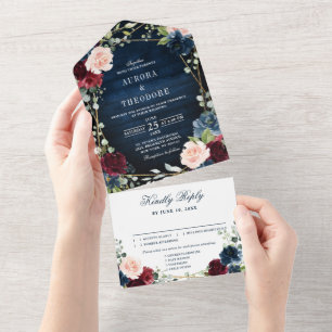 Casamento Geométrico Dourado Floral Blush Marinho 
