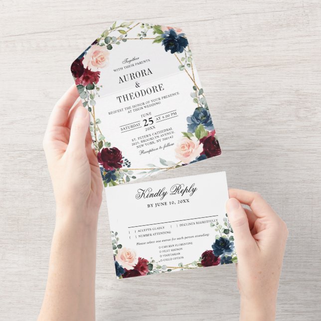 Casamento Geométrico Dourado Floral Blush Marinho  (Tearaway)