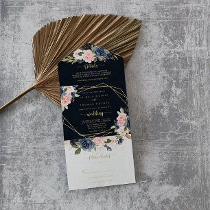 Casamento Geométrico Dourado Floral com marinho Bl