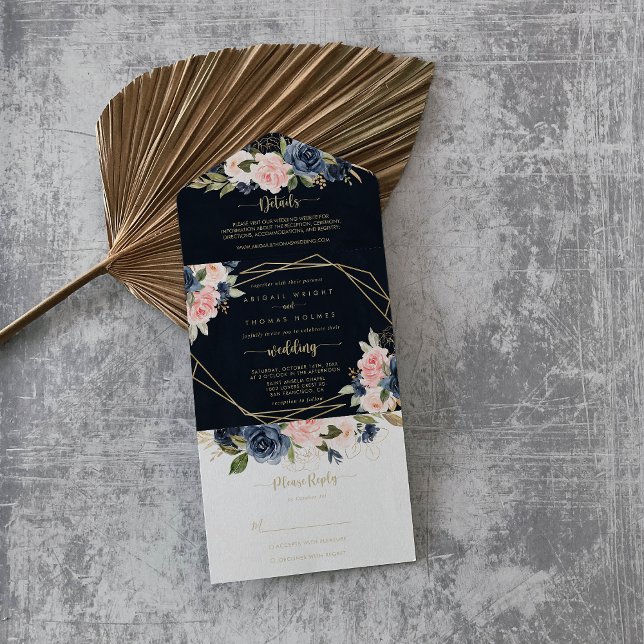 Casamento Geométrico Dourado Floral com marinho Bl (Criador carregado)