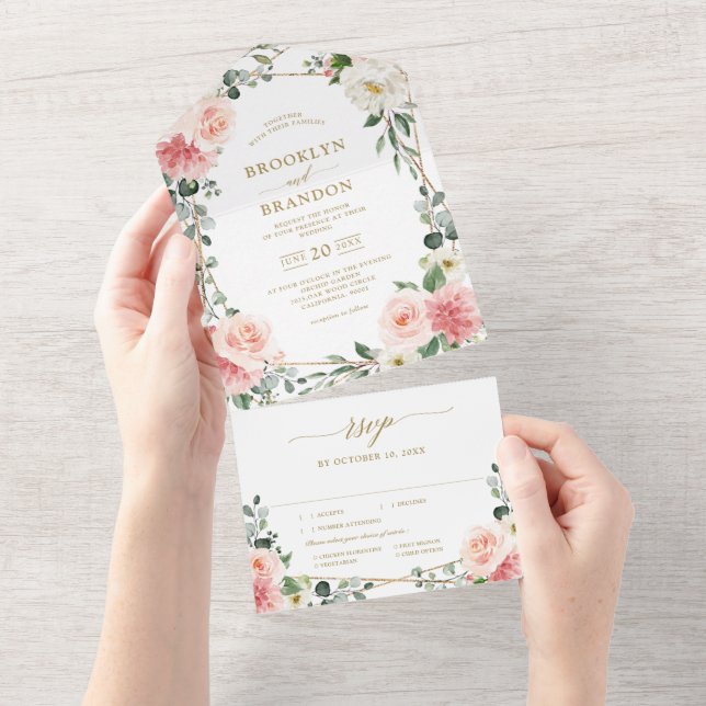 Casamento Geométrico Dourado Rosa Esbranquiçado (Aba destacável)