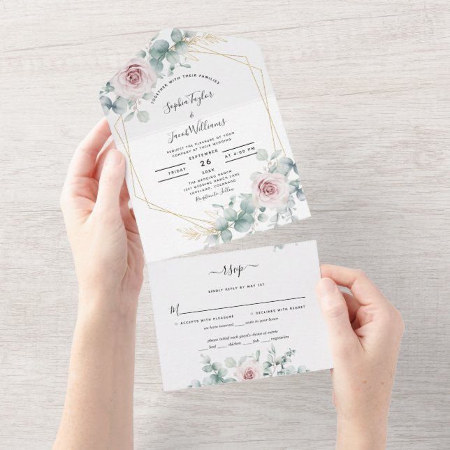Casamento Geométrico Eucalyptus Floral-Rosa-Blush (Aba destacável)