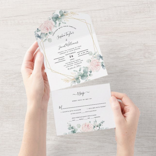 Casamento Geométrico Eucalyptus Floral-Rosa-Blush (Aba destacável)