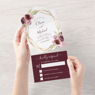 Casamento Geométrico Floral Moderno e Rosa Burgund