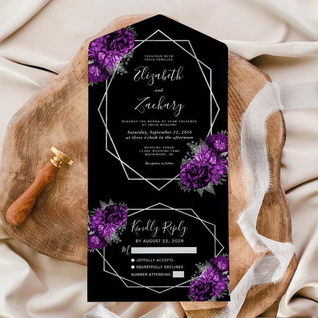 Casamento Geométrico Floral Prata Ameixa Preto (Criador carregado)