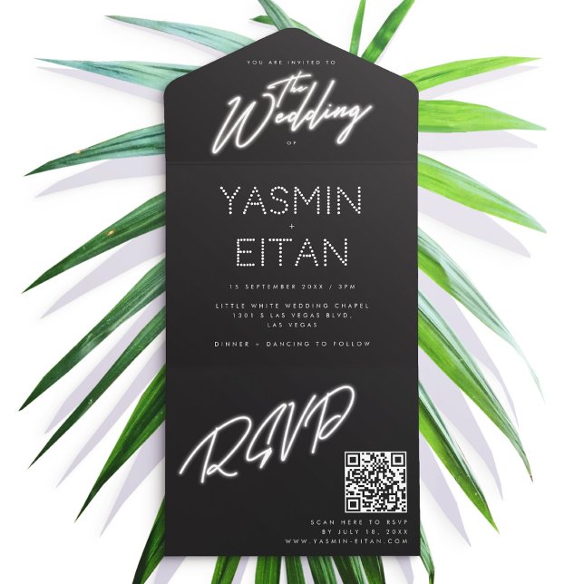 Casamento Glam Preto e Branco com Luzes de Neon (Neon Lights Black & White Glam Wedding All In One Invitation)