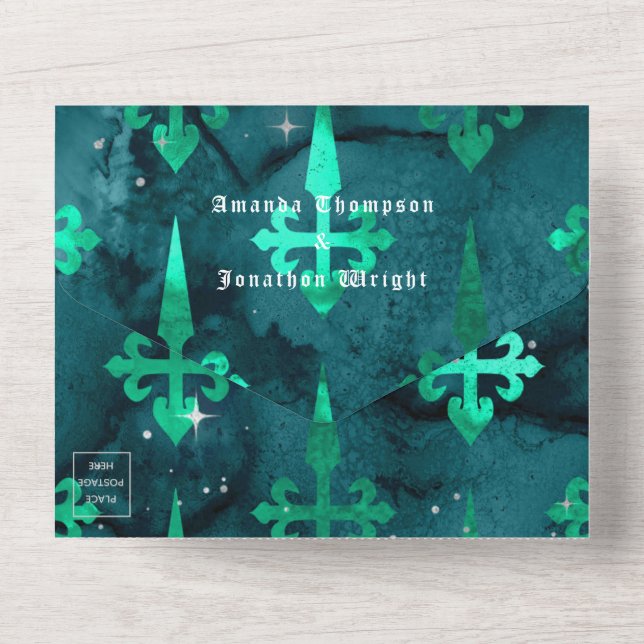 Casamento Gótico Teal e Dourado Floral (Verso)