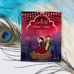 Casamento indiano salve a data do casal de noiva f<br><div class="desc">Casamento indiano salve a data do casal de noiva fofo,  fundo azul-escuro de marrom com luzes de fada e casal de noiva indiana dançante salve o cartão de data.</div>